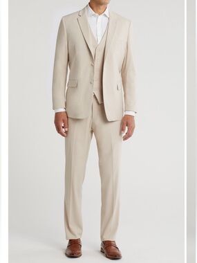🆕 Braveman | Classic Fit Men's Cream 3-Piece Tailored Suit in light beige